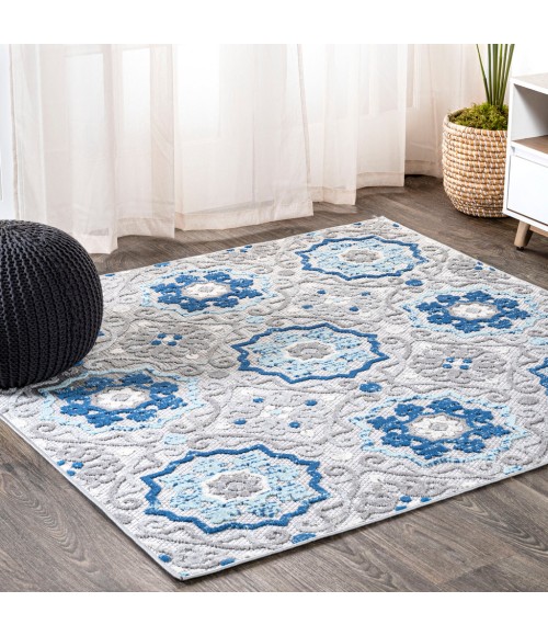 AMALFI COAST Area Rug Mediterranean Medallion Blue/Gray 5' Square Indoor/Outdoor Area Rug