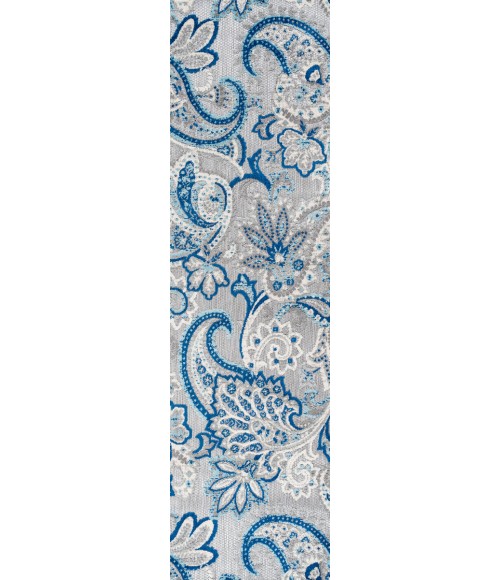 Gordes Paisley High-Low Light Gray/Blue 2 ft. x 8 ft. Indoor/Outdoor Runner Rug