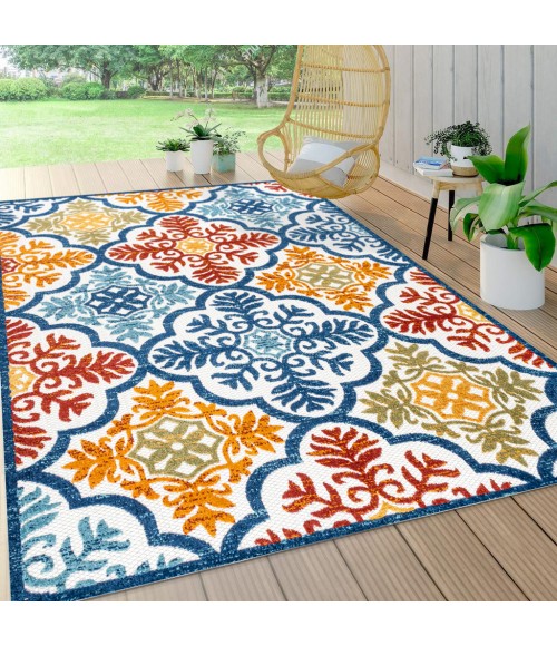 AMALFI COAST Area Rug Cassis Ornate Ogee Trellis High-Low Blue/Multi 8 ft. x 10 ft. Indoor/Outdoor Area Rug