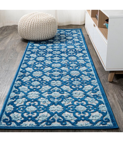 Gallia Tile Trellis High-Low Light Gray/Blue 2 ft. x 10 ft. Indoor/Outdoor Runner Rug