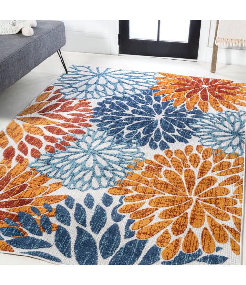 Crisantemo Floral Orange/Blue/Cream 3 ft. x 5 ft. Indoor/Outdoor Area Rug
