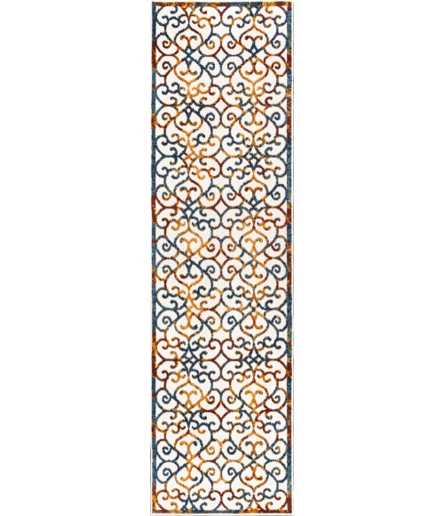 AMALFI COAST Area Rug Atrani Scroll Trellis Cream/Blue/Red 2 ft. x 8 ft. Indoor/Outdoor Runner Rug