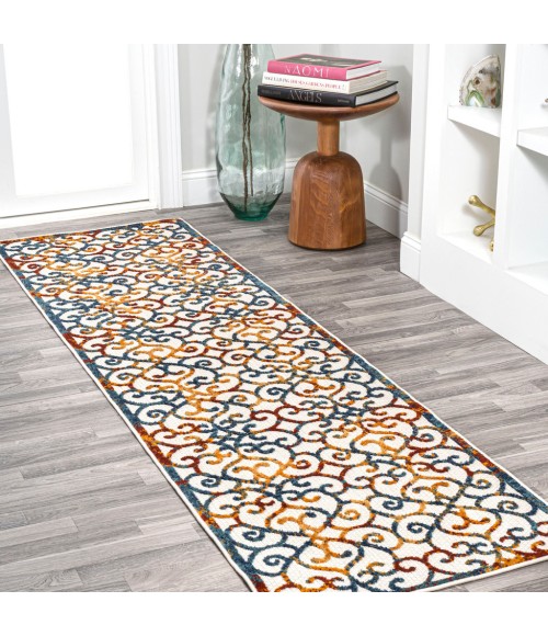 AMALFI COAST Area Rug Atrani Scroll Trellis Cream/Blue/Red 2 ft. x 8 ft. Indoor/Outdoor Runner Rug