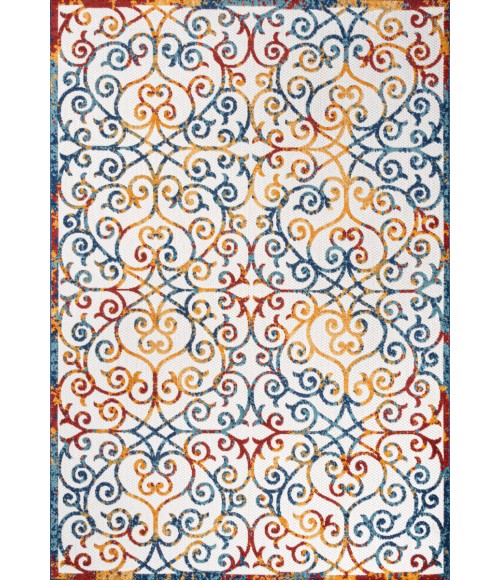 Atrani Scroll Trellis Cream/Blue/Red 5 ft. x 8 ft. Indoor/Outdoor Area Rug