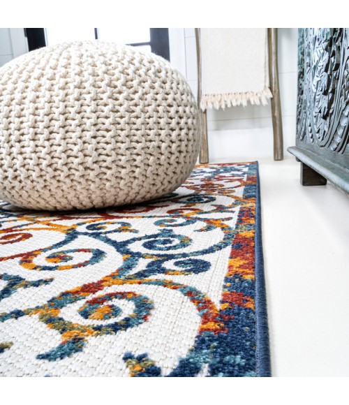 AMALFI COAST Area Rug Atrani Scroll Trellis Cream/Blue/Red 2 ft. x 8 ft. Indoor/Outdoor Runner Rug