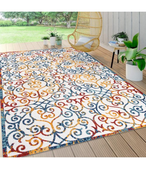 Atrani Scroll Trellis Cream/Blue/Red 5 ft. x 8 ft. Indoor/Outdoor Area Rug