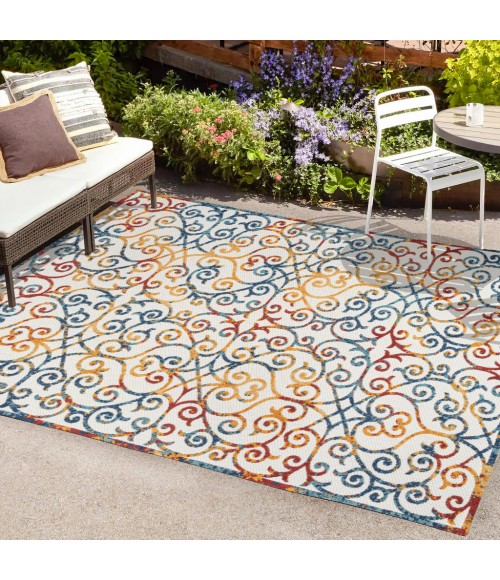 Atrani Scroll Trellis Cream/Blue/Red 5 ft. x 8 ft. Indoor/Outdoor Area Rug