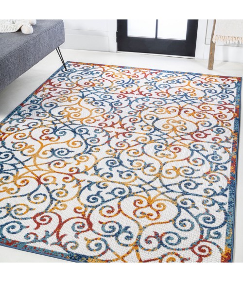 Atrani Scroll Trellis Cream/Blue/Red 5 ft. x 8 ft. Indoor/Outdoor Area Rug