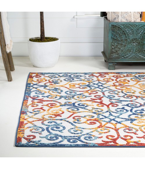 Atrani Scroll Trellis Cream/Blue/Red 5 ft. x 8 ft. Indoor/Outdoor Area Rug