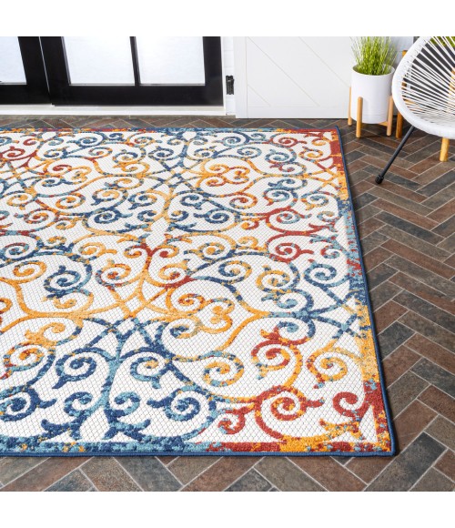 Atrani Scroll Trellis Cream/Blue/Red 5 ft. x 8 ft. Indoor/Outdoor Area Rug