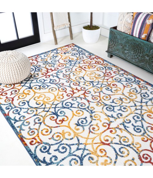 Atrani Scroll Trellis Cream/Blue/Red 5 ft. x 8 ft. Indoor/Outdoor Area Rug