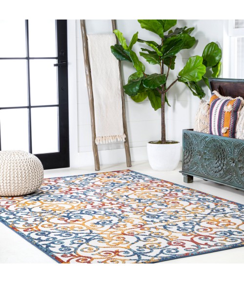 Atrani Scroll Trellis Cream/Blue/Red 5 ft. x 8 ft. Indoor/Outdoor Area Rug
