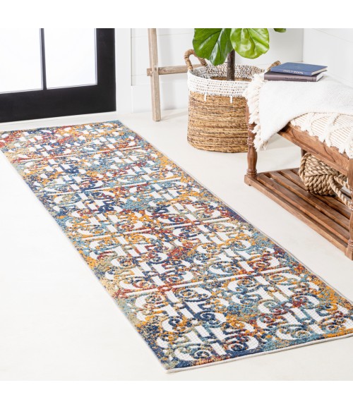 Cetara Ornate Trellis Cream/Blue/Orange 2 ft. x 8 ft. Indoor/Outdoor Runner Rug