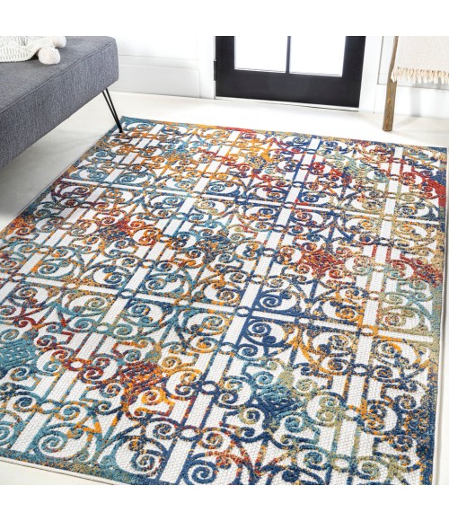 AMALFI COAST Area Rug Cetara Ornate Trellis Cream/Blue/Orange 5 ft. x 8 ft. Indoor/Outdoor Area Rug