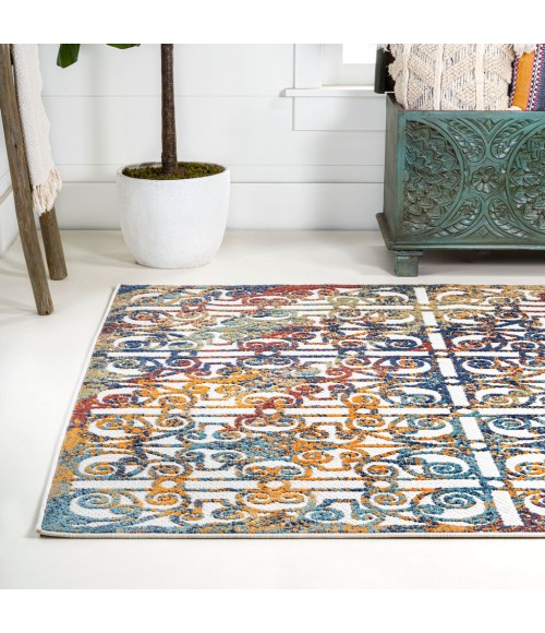 AMALFI COAST Area Rug Cetara Ornate Trellis Cream/Blue/Orange 5 ft. x 8 ft. Indoor/Outdoor Area Rug