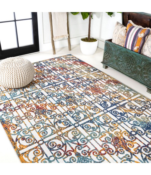 AMALFI COAST Area Rug Cetara Ornate Trellis Cream/Blue/Orange 5 ft. x 8 ft. Indoor/Outdoor Area Rug