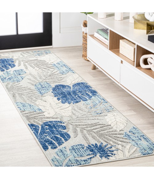 AMALFI COAST Area Rug Monstera Tropical Leaf High-Low Light Gray/Navy 2 ft. x 8 ft. Indoor/Outdoor Runner Rug