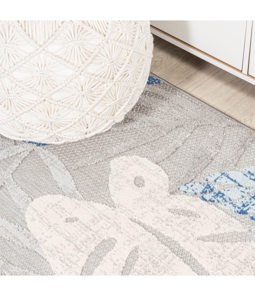 AMALFI COAST Area Rug Monstera Tropical Leaf High-Low Light Gray/Navy 2 ft. x 8 ft. Indoor/Outdoor Runner Rug
