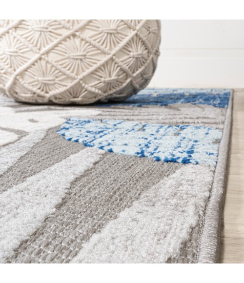 AMALFI COAST Area Rug Monstera Tropical Leaf High-Low Light Gray/Navy 2 ft. x 8 ft. Indoor/Outdoor Runner Rug