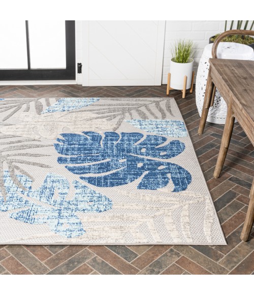 AMALFI COAST Area Rug Monstera Tropical Leaf High-Low Light Gray/Navy 3 ft. x 5 ft. Indoor/Outdoor Area Rug
