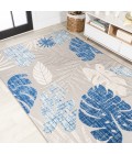 AMALFI COAST Area Rug Monstera Tropical Leaf High-Low Light Gray/Navy 3 ft. x 5 ft. Indoor/Outdoor Area Rug