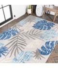 AMALFI COAST Area Rug Monstera Tropical Leaf High-Low Light Gray/Navy 3 ft. x 5 ft. Indoor/Outdoor Area Rug