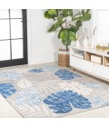 AMALFI COAST Area Rug Monstera Tropical Leaf High-Low Light Gray/Navy 3 ft. x 5 ft. Indoor/Outdoor Area Rug