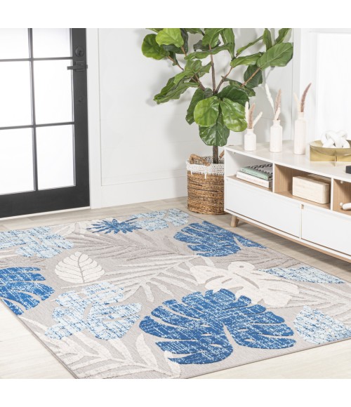 AMALFI COAST Area Rug Monstera Tropical Leaf High-Low Light Gray/Navy 3 ft. x 5 ft. Indoor/Outdoor Area Rug