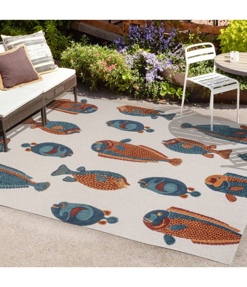 AMALFI COAST Area Rug Algarve Modern Fish High-Low Navy/Orange/Cream 8 ft. x 10 ft. Indoor/Outdoor Area Rug