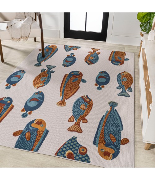 AMALFI COAST Area Rug Algarve Modern Fish High-Low Navy/Orange/Cream 8 ft. x 10 ft. Indoor/Outdoor Area Rug