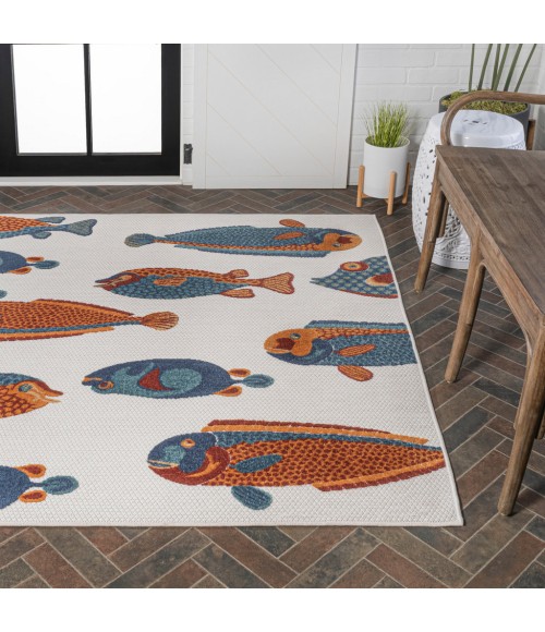 AMALFI COAST Area Rug Algarve Modern Fish High-Low Navy/Orange/Cream 8 ft. x 10 ft. Indoor/Outdoor Area Rug