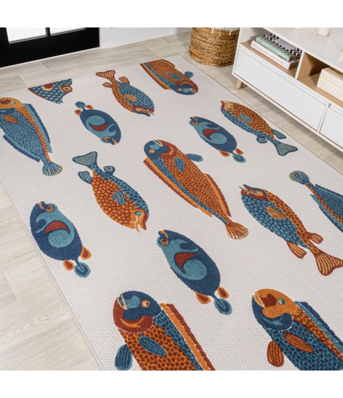 AMALFI COAST Area Rug Algarve Modern Fish High-Low Navy/Orange/Cream 8 ft. x 10 ft. Indoor/Outdoor Area Rug