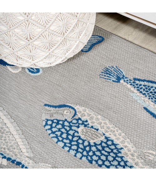 AMALFI COAST Area Rug Nerja Coastal Fish High-Low Gray/Navy 2 ft. x 8 ft. Indoor/Outdoor Runner Rug