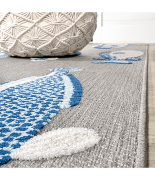 AMALFI COAST Area Rug Nerja Coastal Fish High-Low Gray/Navy 2 ft. x 8 ft. Indoor/Outdoor Runner Rug