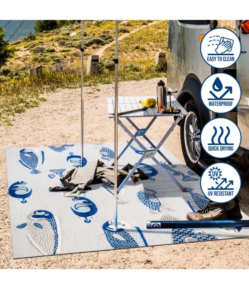 AMALFI COAST Area Rug Nerja Coastal Fish High-Low Gray/Navy 2 ft. x 8 ft. Indoor/Outdoor Runner Rug