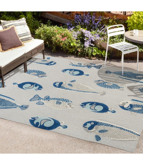 Nerja Coastal Fish High-Low Gray/Navy 4 ft. x 6 ft. Indoor/Outdoor Area Rug