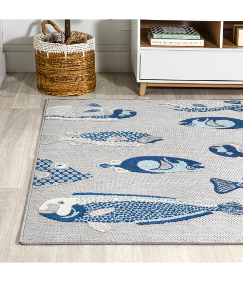 Nerja Coastal Fish High-Low Gray/Navy 4 ft. x 6 ft. Indoor/Outdoor Area Rug