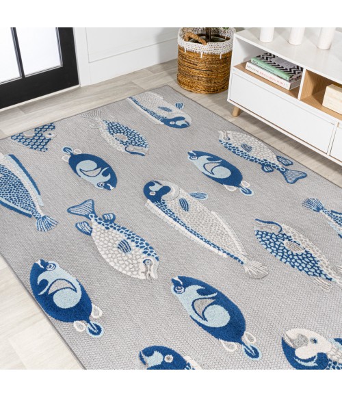 Nerja Coastal Fish High-Low Gray/Navy 4 ft. x 6 ft. Indoor/Outdoor Area Rug