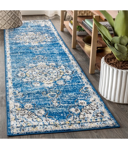 BOHEMIAN FLAIR Area Rug Bohemian FLAIR Boho Vintage Medallion Blue/Cream 2 ft. x 8 ft. Runner Rug