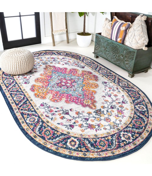 BOHEMIAN FLAIR Area Rug Bohemian FLAIR Boho Vintage Medallion Blue/Multi 6 ft. x 9 ft. Oval Area Rug