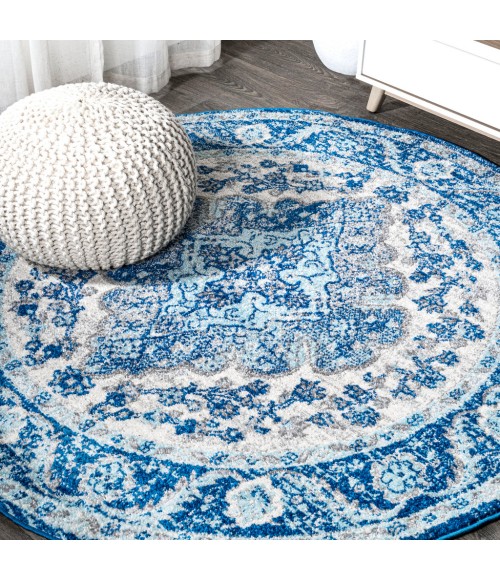 Bohemian FLAIR Boho Vintage Medallion Cream/Blue 5' Round Area Rug