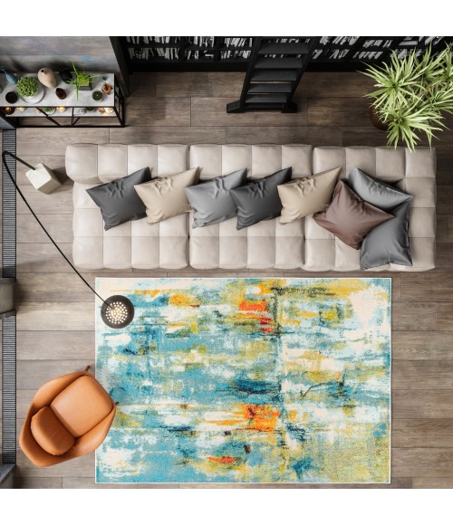 Contemporary POP Modern Abstract Waterfall Blue/Cream 5 ft. x 8 ft. Area Rug