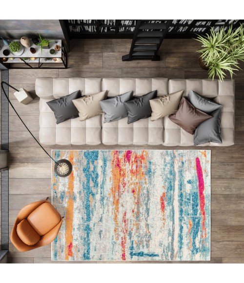 CONTEMPORARY POP Area Rug Contemporary POP Modern Abstract Brushstroke Cream/Blue 5 ft. x 8 ft. Area Rug