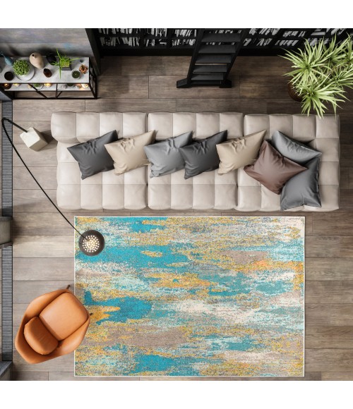 Contemporary POP Modern Abstract Vintage Waterfall Blue/Brown/Orange 5 ft. x 8 ft. Area Rug