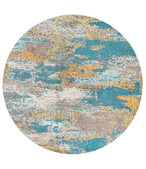 CONTEMPORARY POP Area Rug Contemporary POP Modern Abstract Vintage Waterfall Blue/Brown/Orange 5' Round Area Rug