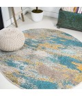 Contemporary POP Modern Abstract Vintage Waterfall Blue/Brown/Orange 5' Round Area Rug