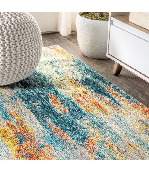Contemporary POP Modern Abstract Vintage Waterfall Blue/Cream/Yellow 8 ft. x 10 ft. Area Rug