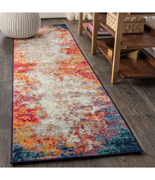 CONTEMPORARY POP Area Rug Contemporary POP Modern Abstract Vintage Waterfall Cream/Blue 2 ft. x 8 ft. Runner Rug