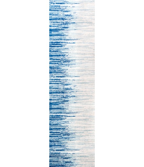 CONTEMPORARY POP Area Rug Linear Modern Half-Stripe Blue/Cream 2 ft. x 8 ft. Runner Rug