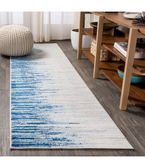 CONTEMPORARY POP Area Rug Linear Modern Half-Stripe Blue/Cream 2 ft. x 8 ft. Runner Rug